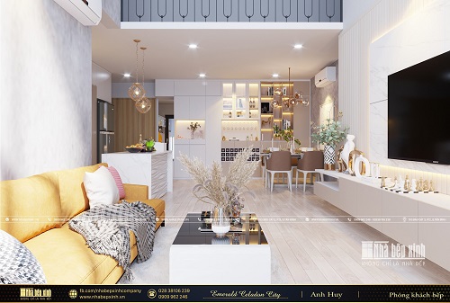 Thiết kế phòng khách bếp hiện đại căn Duplex 191m2 Emerald Celadon City - NBX423